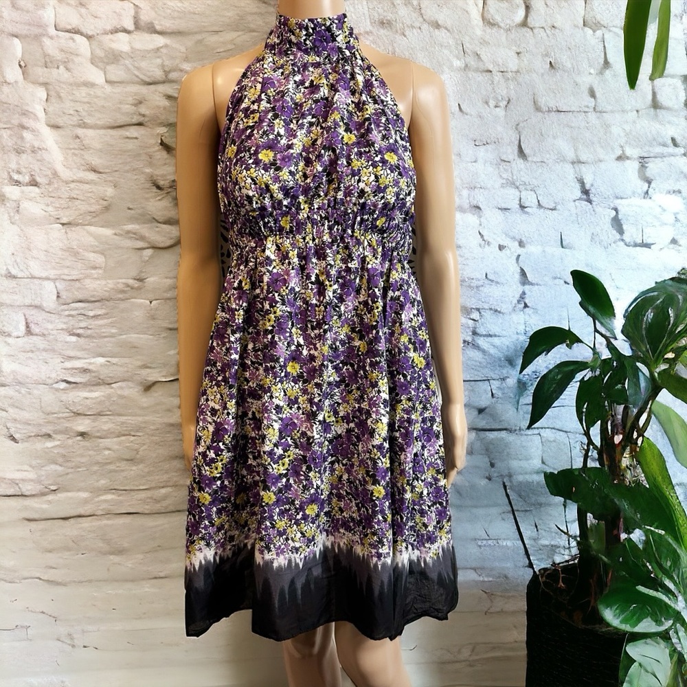 Necessary Objects Purple Floral Cotton Halter Dress